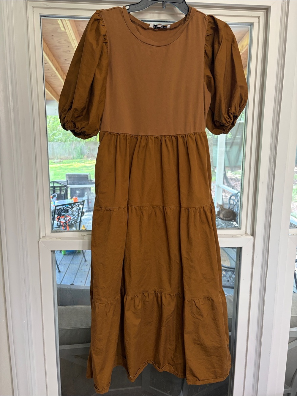Tiered Puff Sleeve Maxi Dress in Brown